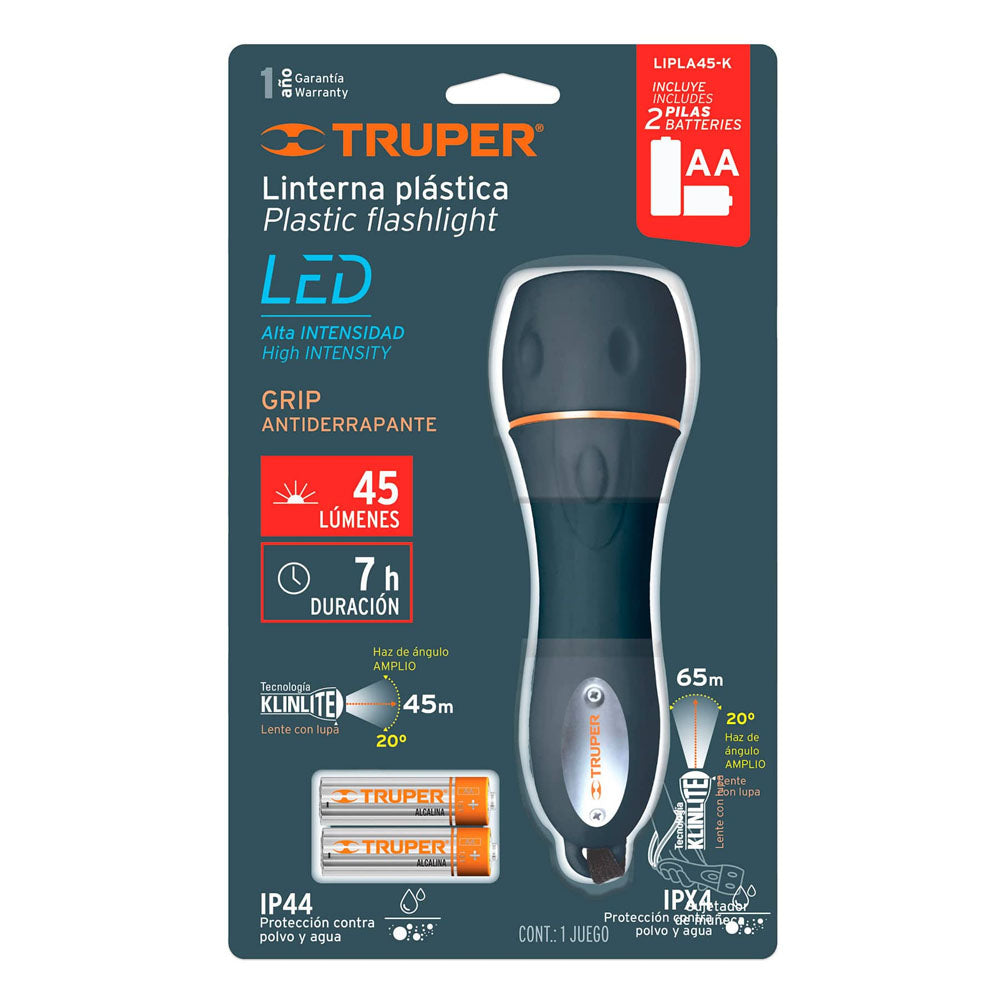 LINTERNA PLASTICA DE LED ABIERTA 2 PILAS AA 45 LM