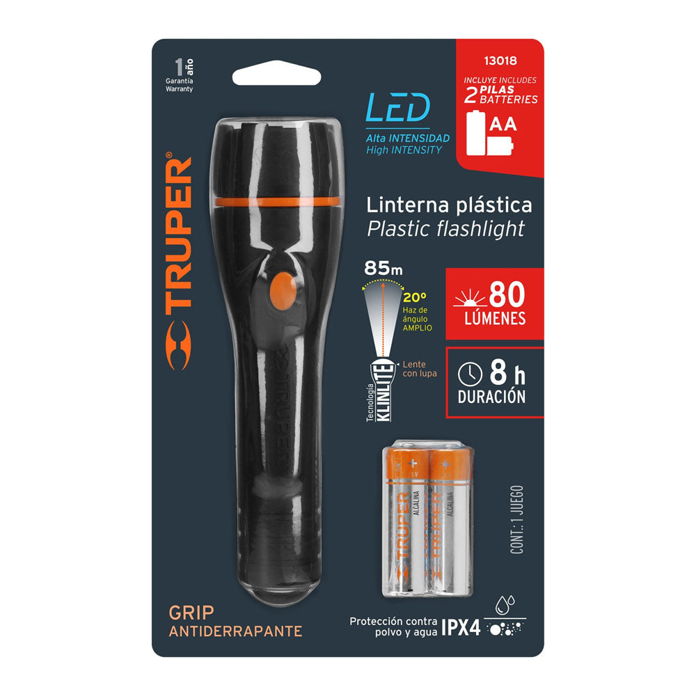 LINTERNA PLASTICA LED LUZ DIRECTS 2 PILAS AA 80 LM LIPLA-80