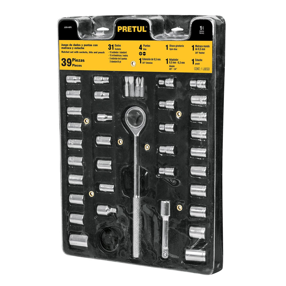 JUEGO DE DADOS, CUADRO 1/4, 3/8 Y 1', 40 PZAS, PRETUL, BOLSA