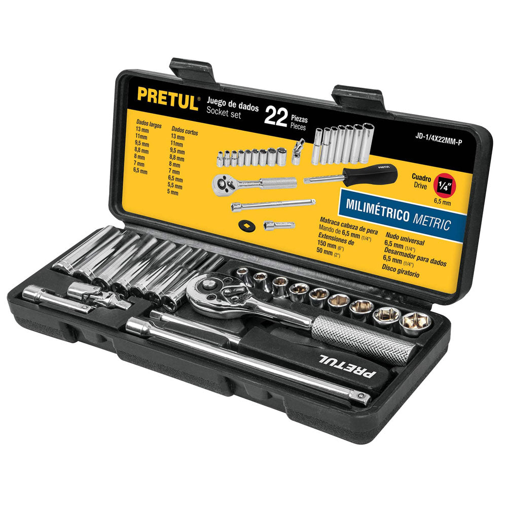 JUEGO DE AUTOCLÉ, CUADRO 1/4', 22 PIEZAS, PRETUL