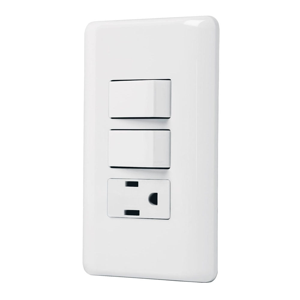 PLACA ARMADA CON CONTACTO Y 2 INTERRUPTORES SENCILLOS BASIC