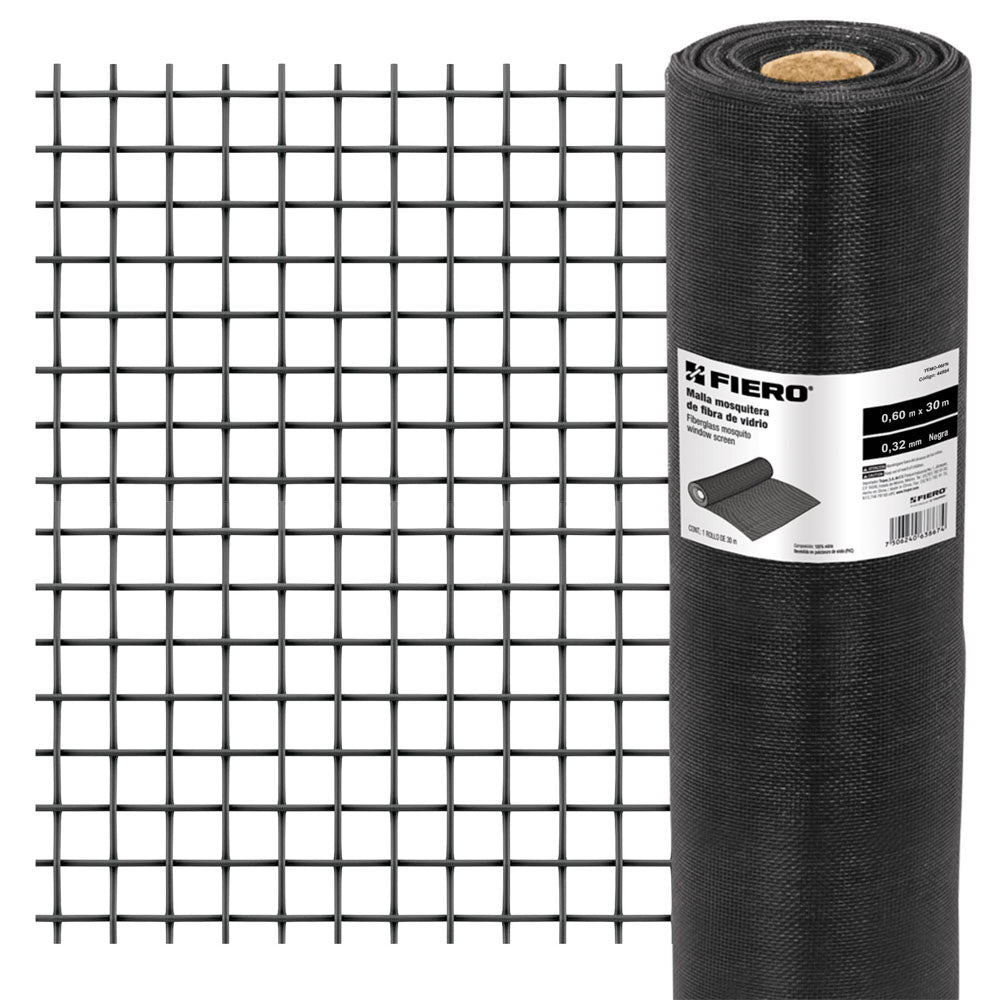 MALLA MOSQUITERA, FIBRA DE VIDRIO, NEGRA, 0.60 X 30 M