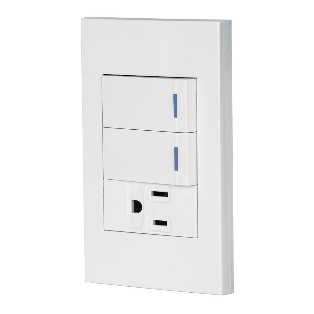 PLACA ARMADA 2 INTERRUPTORES,1 CONTACTO,1MOD,ESPAÑOLA,BLANCO