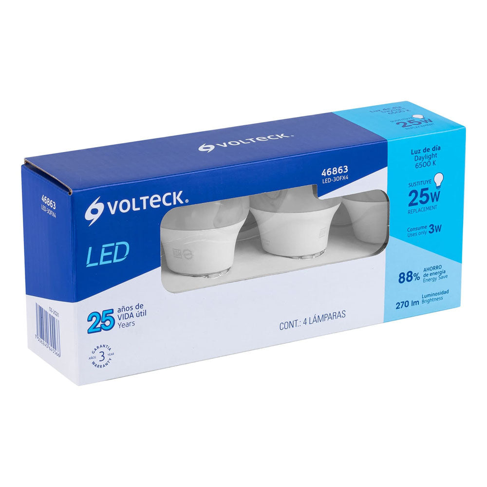 LAMPARA LED A19 3W E27 LUZ DE DIA 4 PZAS LED-30FX4