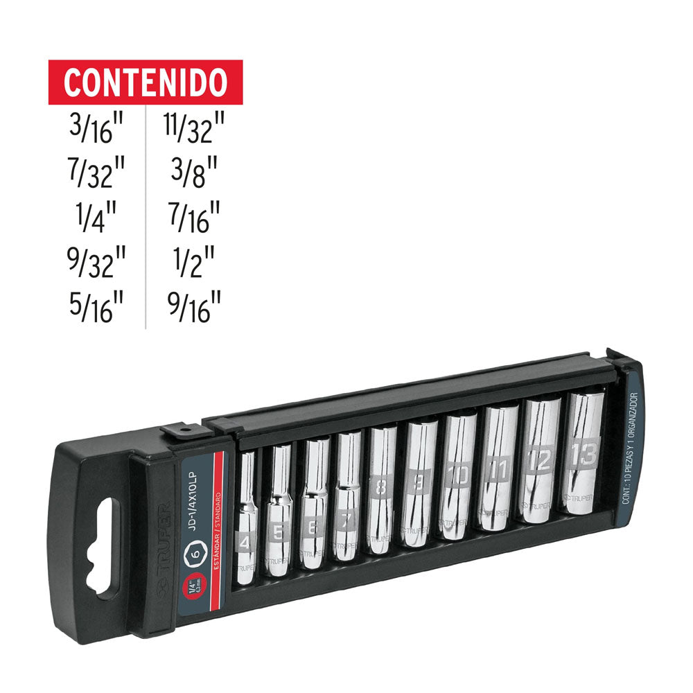 JUEGO DE 10 DADOS LARGOS, CUADRO 1/4', STANDARD
