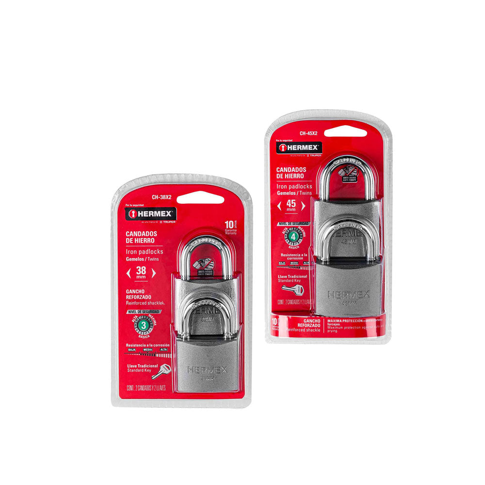 CANDADOS GEMELOS CPO DE HIERRO GANCHO LARGO BLISTER 45MM TRUPER CH-45LX2