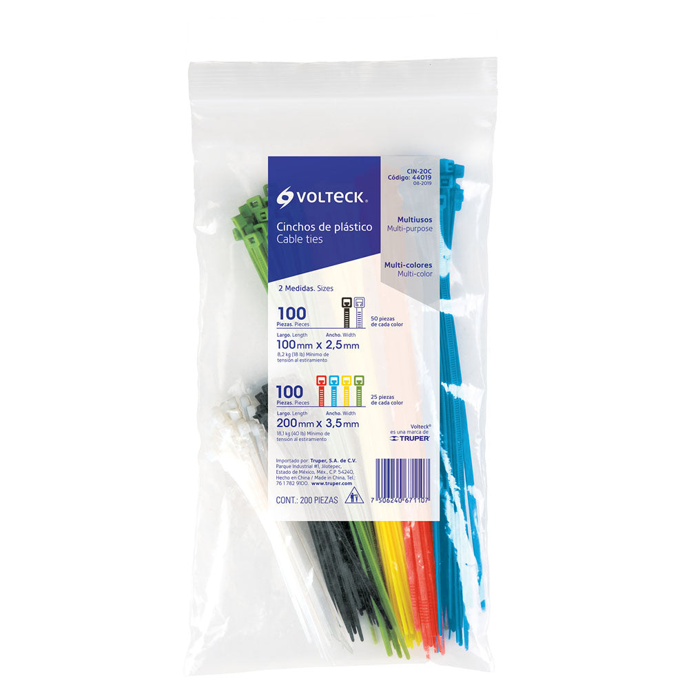 CINCHO PLASTICO, COLORES, BOLSA CON 200 PZAS