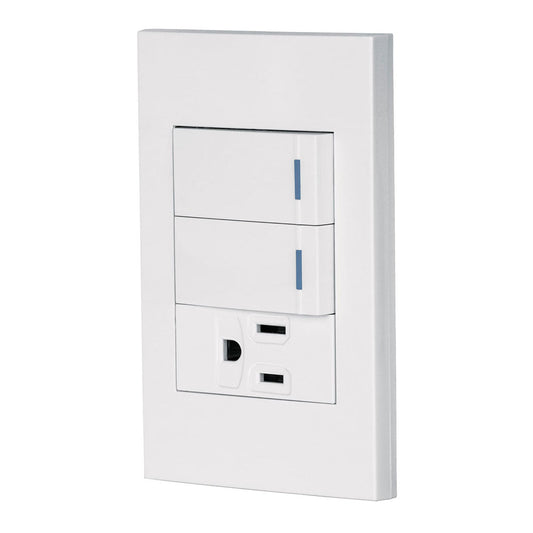 PLACA ARMADA 2 INTERRUPTORES,1 CONTACTO,1MOD,ESPAÑOLA,BLANCO