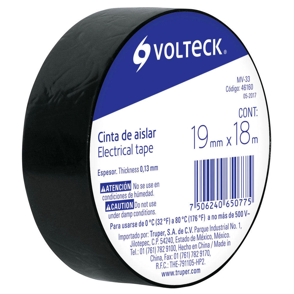 CINTA DE AISLAR DE 18 M X 19 MM, NEGRA, VOLTECK