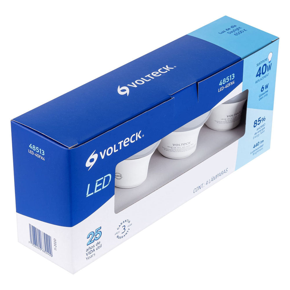 PACK DE 4 LÁMPARAS DE LED A19 6 W LUZ DE DÍA, CAJA, VOLTECK